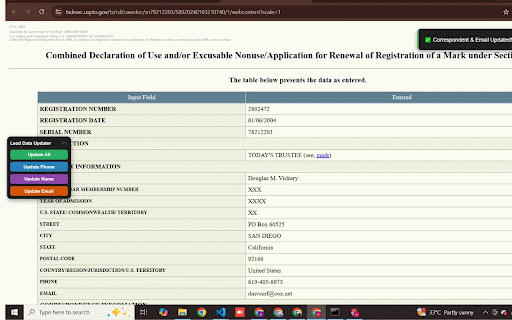 USPTO Data Scraper :: Extract trademark serials, marks, dates & correspondent contact info from USPTO TSDR — export to Excel instantly.