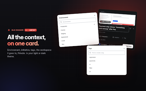 Bug Dossier :: Record a bug — session activity, console, network, and picked elements — then review and file it.