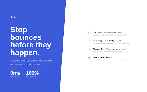 Qverio Email Verifier :: Instantly verify email addresses in your compose window. See validity, quality score, and risk signals before you send.