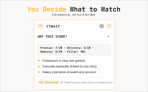 YTBait - YouTube Clickbait & AI Slop Detector :: Free YouTube clickbait detector: get an AI clickbait score and AI slop score on any video before you watch.