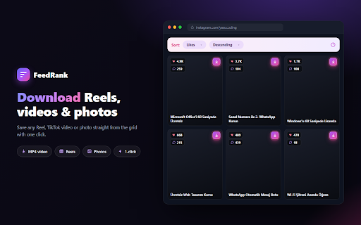 FeedRank – Instagram & TikTok Feed Sorter :: Sort Instagram & TikTok feeds by likes, views, comments or date. See post stats and find top viral content fast. Free.