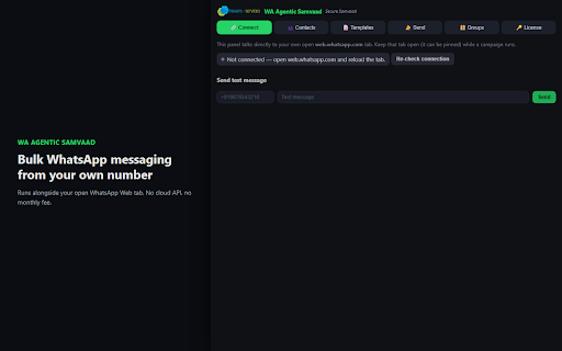 WA Agentic Samvaad :: Secure Samvaad by Inovare Services — WhatsApp bulk messaging via your own open WhatsApp Web tab. No cloud API required.