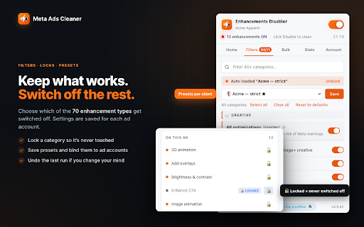 Meta Ads Enhancements Disabler :: One-click disable for Meta Advantage+ AI enhancements. Bulk across drafts, 70 categories, undo, whitelist. No account, no tracking.