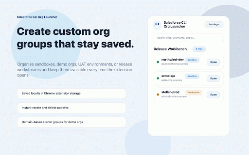 Salesforce CLI Org Launcher :: Launch, group, and manage Salesforce CLI authenticated orgs from Chrome.