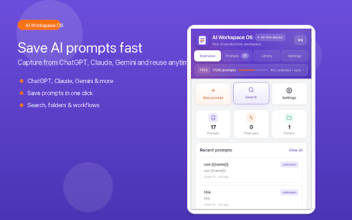 AI Workspace OS :: Save, organize, and reuse your best AI prompts from popular chat websites.
