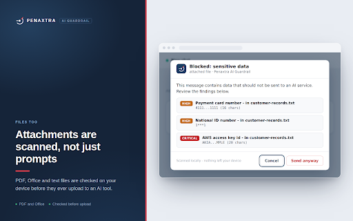 Penaxtra AI Guardrail :: Local AI DLP: blocks secrets, API keys and PII in your prompts and files on ChatGPT, Claude, Gemini and 150+ AI sites.
