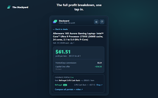 Stackyard — Card Offer Stacker :: Stop doing buying-group math in a spreadsheet. See what a deal really makes once your card offer and portal stack on top.