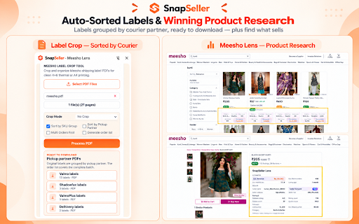 SnapSeller – Meesho & Flipkart Automation :: Autofill listings, bulk upload, sort labels by courier & calculate margins — 100% browser-based. No signup friction.