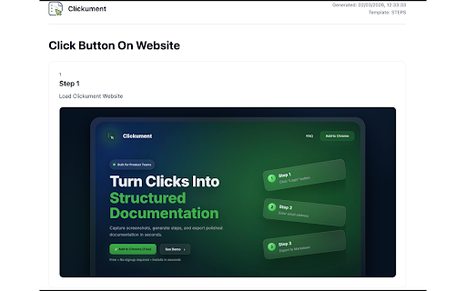 Clickument :: Capture step-by-step screenshots, save scenarios, and export clean Markdown or printable PDF documentation.