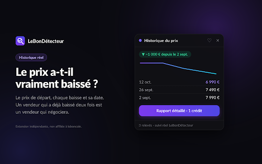 LeBonDétecteur — Historique des prix pour leboncoin :: Historique réel des prix leboncoin : alerte anti-arnaque sur les voitures, vraies baisses datées et message de négociation.