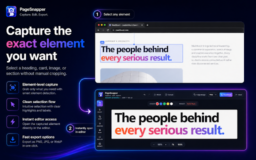PageSnapper: Capture, Edit & Export :: Capture full pages, selected areas, elements, and visible screens. Edit, redact, compose, and export locally.
