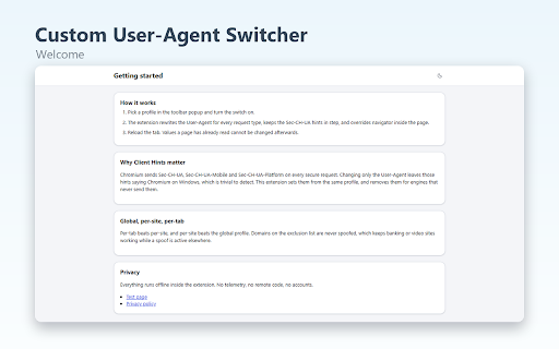 Custom User-Agent Switcher :: Switch your User-Agent with matching Client Hints and navigator overrides. Offline, no accounts, no tracking.