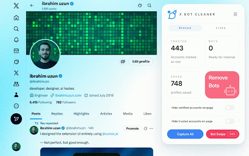 X Bot Cleaner :: Manually identify and bulk remove bot followers from your X (Twitter) account while preserving legitimate followers.