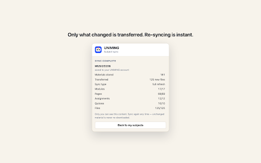 UNIMING Sync :: Sync your Canvas, Moodle, Blackboard or Brightspace subjects into your own UNIMING account with the login you already have.