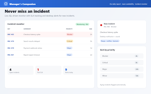 Manager's Companion :: Jira daily report, team availability, and incident monitor dashboard for engineering managers. Runs fully client-side — no server.