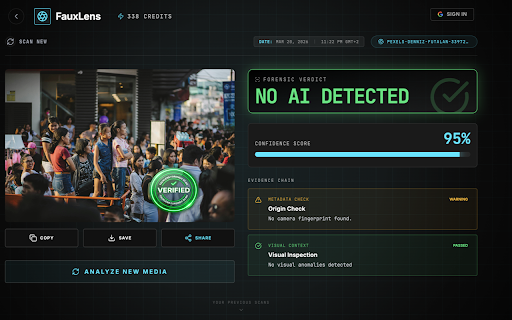 Faux Lens – AI Deepfake Detector :: Right-click any image to instantly check if it's AI-generated or a deepfake. Powered by FauxLens forensic analysis engine.
