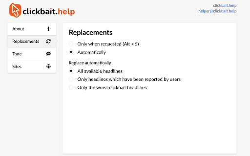 Clickbait.help :: Replaces clickbait headlines with proper ones. Generates headlines and summaries in different tones. Free, no ads or nagging.