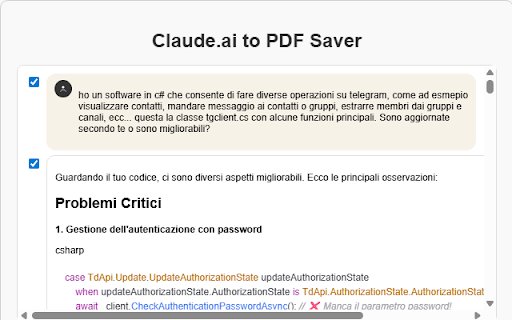 Claude Chat to PDF Saver :: Export Claude conversations to PDF with selective questions and answers. Bulk export supported.