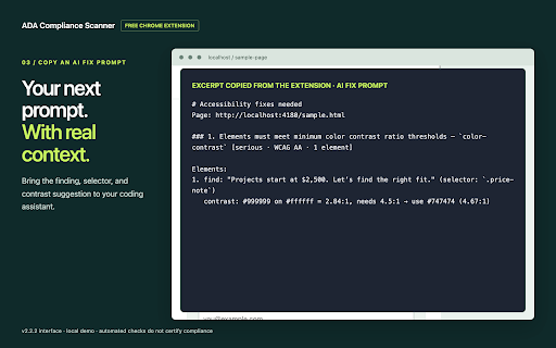 ADA Compliance Scanner :: Scan webpages for WCAG accessibility issues, highlight failures, and export local reports using axe-core.