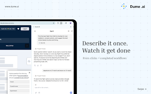 Dume Ai :: Your AI assistant in Chrome. Summarize pages, automate workflows, manage tabs, and ask questions while browsing.