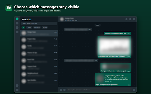 WhatsApp Web Privacy Mode :: Blur WhatsApp Web & Telegram Web messages, previews, names, avatars and media until you hover. Toggle with Alt+X.