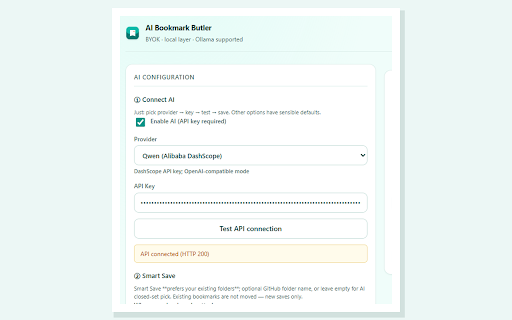 AI Bookmark Butler :: Lightweight AI layer on Chrome bookmarks: smart save, semantic search, batch curate. BYOK; zero network by default.