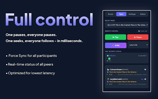 KoalaSync :: Synchronize video playback on YouTube, Netflix, Emby, Jellyfin, and any HTML5 site in real-time with friends.