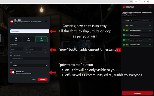MowiKlip – Custom Scene Controls for Netflix :: Personalize Netflix with custom skip, mute, and loop controls. Explore community edits or create and share your own.