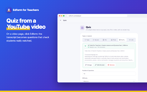 Edform for Teachers: AI Quiz Maker :: Turn any web page, PDF, YouTube video or selected text into a quiz, flashcards, slides or a lesson plan with Edform AI.