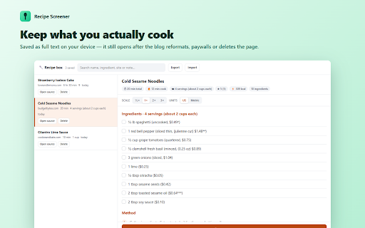 Recipe Screener :: The blog's own recipe card, minus the ads, share rows and newsletter pitches. Plus scaling, metric and a cook mode.