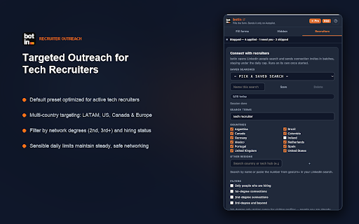 botin :: Fills LinkedIn job applications from your botin profile — review each step, or run on Autopilot for batches you set the size of.