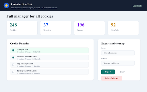 Cookie Brother :: Import, export, inspect, and clean browser cookies locally.