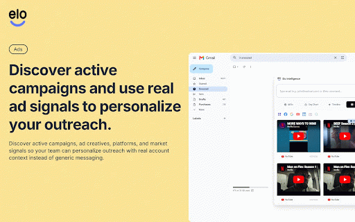 EloAI :: Sales intelligence in Gmail and on LinkedIn profiles: compose assistant, insights dashboard, and company/person context.