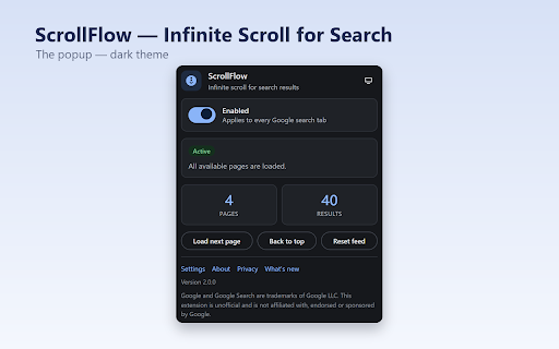 ScrollFlow — Infinite Scroll for Search :: Infinite scroll for Google Search results: loads the next pages automatically, with page markers, limits and a manual mode.