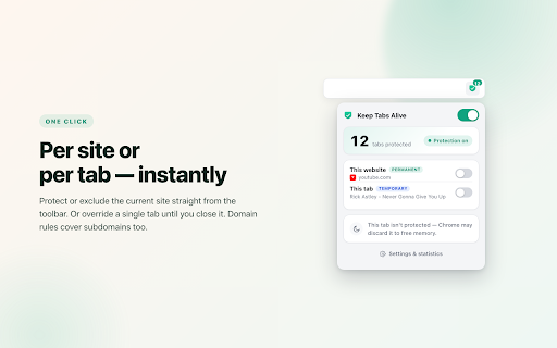 Keep Tabs Alive — Disable Automatic Tab Discarding :: Disable Chrome tab discarding and prevent unwanted tab reloads. Per-site rules, per-tab control and live stats.