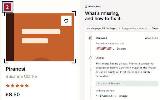 AccessCheck :: Inspect accessibility problems in the current tab: what failed, where it is, and the real keyboard focus path.