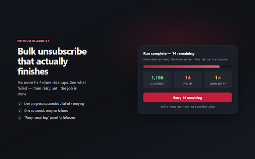 Unsubscriby for Youtube :: Clean up your YouTube subscriptions — select channels, Keep Mode, bulk unsubscribe with progress and retry.