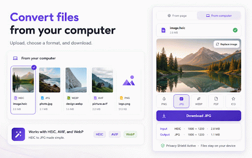 Picture Converter :: Save one selected website image as JPG or PNG, convert local WebP and HEIC files, and combine up to 30 images into one PDF