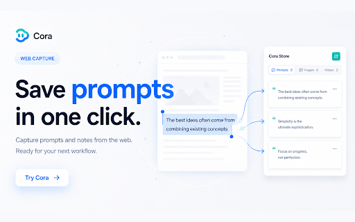 Cora — Relay Creative Assets Between Tools :: Cora helps creators capture images, videos, and prompts from the web, drag them into any tool with 1 click