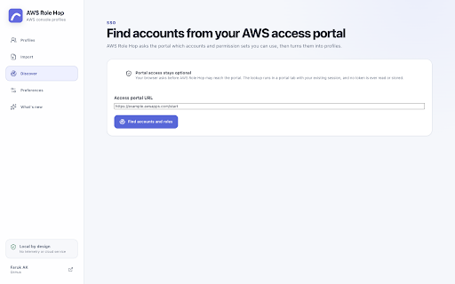 AWS Role Hop :: Launch AWS Console roles and Identity Center profiles from private, local-only lists.