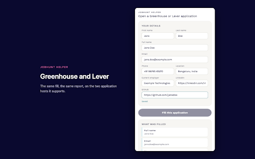 JobHunt Helper :: Fills a job application from your profile, shows you what it filled, and never submits it for you.