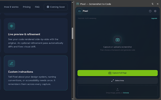 Pixel — Screenshot to Code :: Capture any webpage and convert it to clean HTML/CSS/React code instantly using AI.