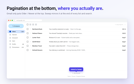 Sweep — Bulk Delete Email by Sender for Gmail :: Delete every email from one sender in two clicks. Filter by age, size or read state first. No sign-in, nothing leaves your browser.