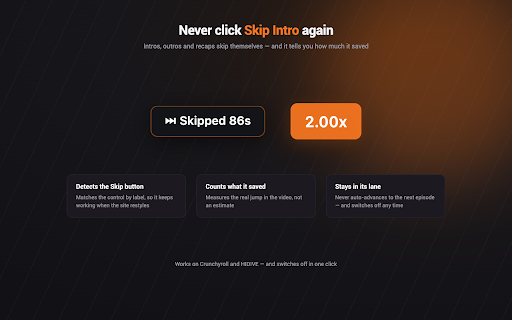 Crunchyroll Speed Controller :: Control playback speed on Crunchyroll & HIDIVE, auto-skip intros/outros, custom shortcuts, and track time saved.
