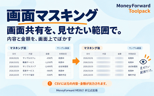 MoneyForward Toolpack :: MoneyForward MEの家計簿を見直す補助ツール。大項目の表示名変更・CSVの名称置換、カテゴリと重複のチェック、画面マスク、AIによるサブスク候補の検出に対応。
