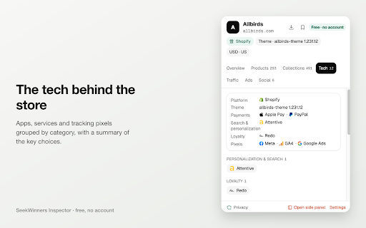 Shopify Store Inspector by SeekWinners :: See how any Shopify store is built and marketed: products, best sellers, collections, tech, traffic, ads. Free, no account.