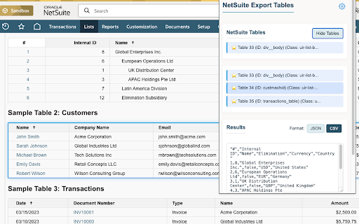 NetSuite Export Tables and Lists :: Transform NetSuite tables and lists into JSON or CSV instantly. Preserve data types, customize exports and boost productivity