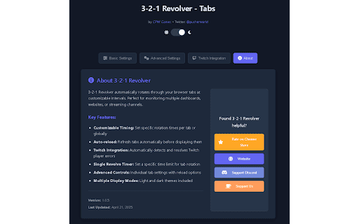 3-2-1 Revolver - Tab Rotator & Twitch Auto-Reloader :: Automatically rotate through open tabs and auto-refresh Twitch player on errors. (Right Click To Open Options & To Start Extension.)