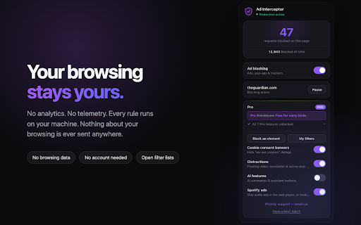 Ad Interceptor — Ad Blocker & Pop-up Blocker :: Blocks every ad — banners, pop-ups, video ads, pop-unders and the trackers behind them. Aggressive by default.