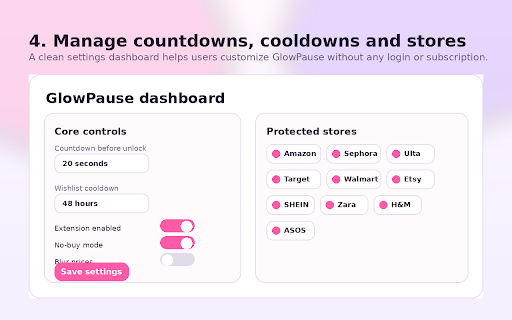 GlowPause - Shopping Pause & Wishlist :: Pause impulse shopping clicks, save items for later, and keep your wishlist data locally in Chrome.
